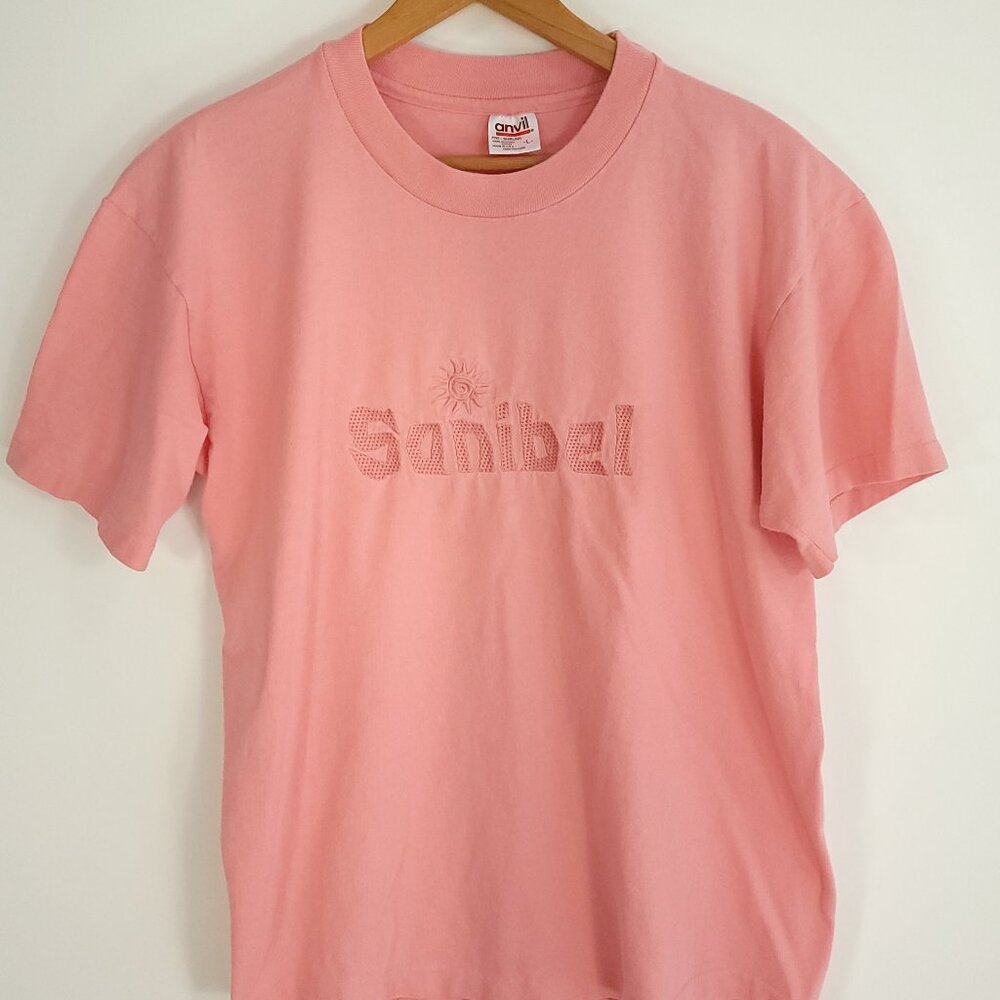 Vtg Sanibel T-Shirt Women's Large Pink Short Sleeve Anvil Distressed USA 90s
